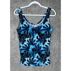 Caribbean Sand Tank Swim Top Women Size 14 Blue Floral Built In Shelf Bra Padded